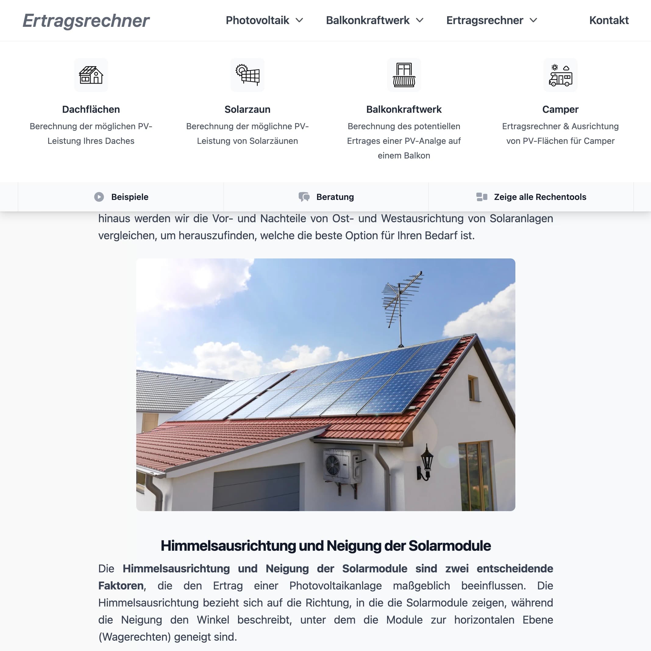 ertragsrechner.com Startseite mit Header